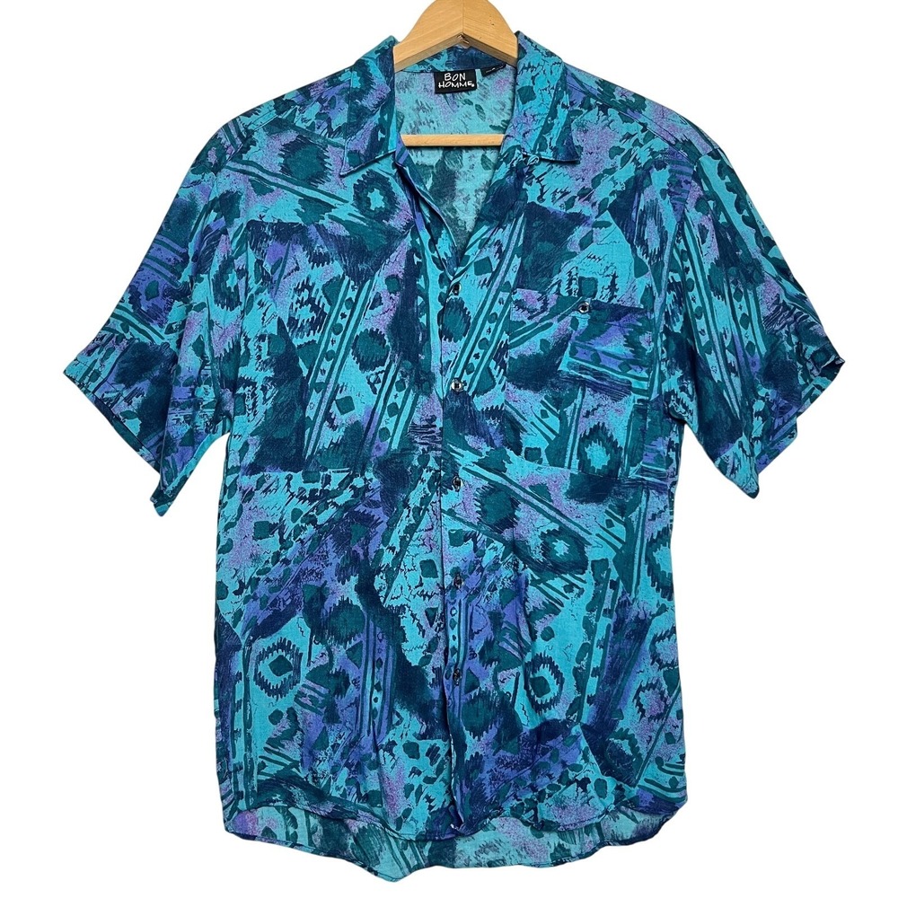 Vtg Bon Homme 100% Rayon Button Up Aztek Southwestern‎ Teal Blue Sz S